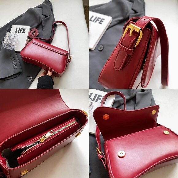 Elegant Retro Vegan Leather Small Shoulder Bag with Adjustable Straps - Red - Picture 3 of 7